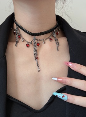 甜酷辣妹红宝石爱心皮质项圈颈链
