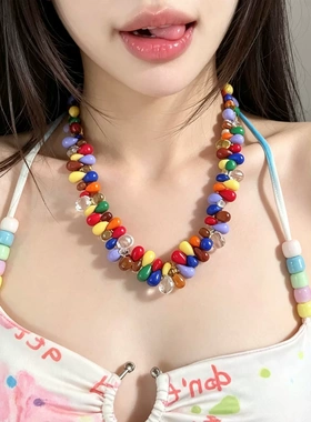 水滴抽拉多巴胺彩色串珠碎石项链