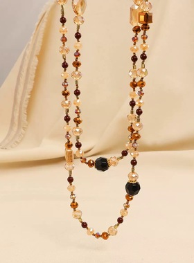 复古不规则茶色水晶虎眼石串珠项链秋冬高级感多层叠戴毛衣链长款