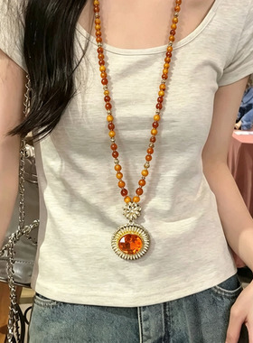 新中式长款复古虎眼石吊坠项链女