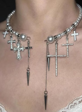 十字架铆钉流苏珍珠项颈圈项链女