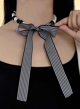 黑白珍珠串珠项链女蝴蝶结锁骨链