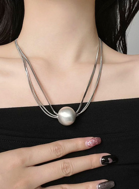 冷淡风多层叠戴拉丝金属球项链