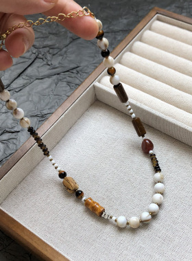天然石串珠棕色美拉德不规则项链