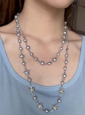 长款叠戴金属圆球星星项链毛衣链
