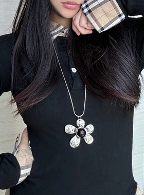 金属银色花朵吊坠长项链锁骨颈链