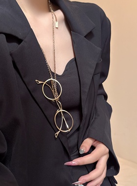 摩登金属做旧眼镜吊坠项链毛衣链