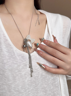 甜酷风珍珠蝴蝶结水晶爱心项链