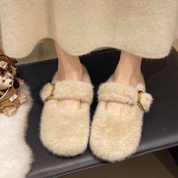 韩版百搭一字扣带玛丽珍毛毛鞋女外穿秋冬加绒豆豆鞋保暖乐福棉鞋,淘宝优惠券,粉丝福利购,淘宝优惠卷
