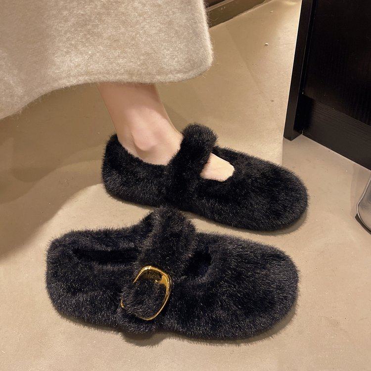 韩版百搭一字扣带玛丽珍毛毛鞋女外穿秋冬加绒豆豆鞋保暖乐福棉鞋,淘宝优惠券,粉丝福利购,淘宝优惠卷