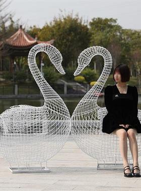 不锈钢大象天鹅兔子座椅雕塑户外步行街公园林景区动物休闲摆件