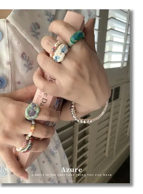 2024年新款高级感小众设计滴油开口叠带个性拼色镶嵌珍珠指环戒指