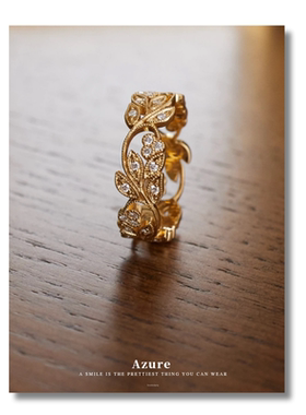 镀18k金蕾丝织纹点钻树叶戒指女法式复古轻奢文艺宫廷风雕花指环