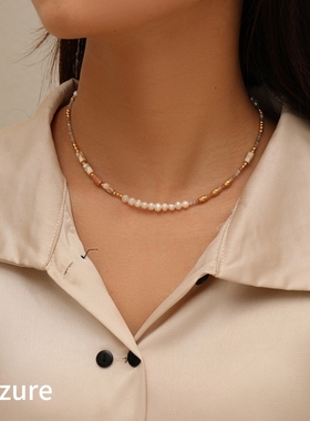 原创ins新款彩色天然石串珠女项链简约度假风竹节锁骨链小众颈链