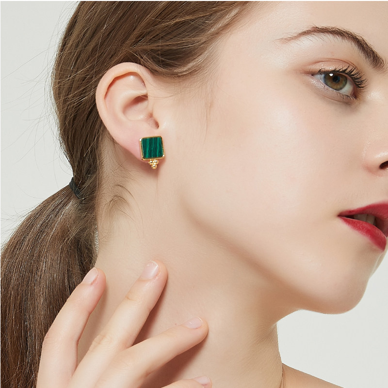 奥米迪奥四方形几何孔雀石珍珠耳钉 aomidior耳钉