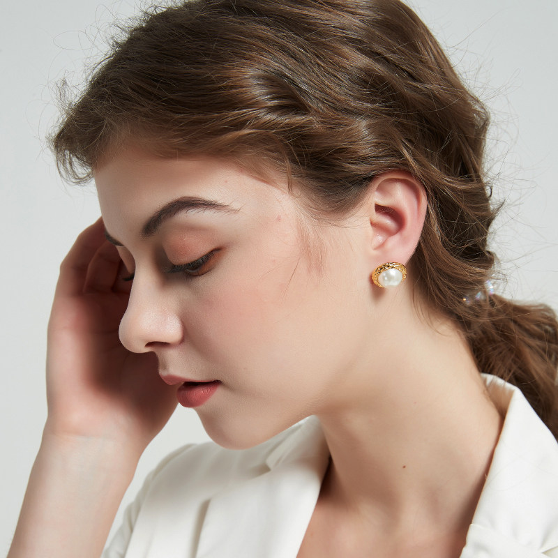 奥米迪奥欧美菱格纹大珍珠女新耳环 aomidior耳钉