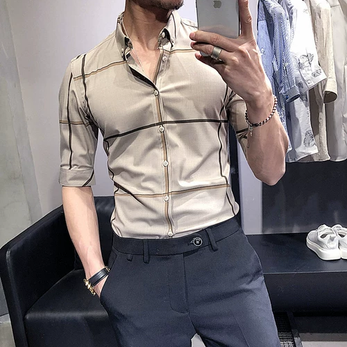 Рубашка, трендовая куртка, короткий рукав, облегающий крой, в корейском стиле