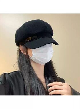 美拉德咖色复古贝雷帽女秋冬高品质显脸小皮带八角报童帽子厂家
