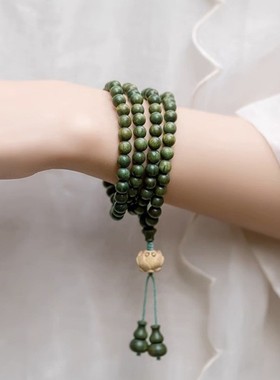 绿檀黄杨木雕刻莲花手持手串