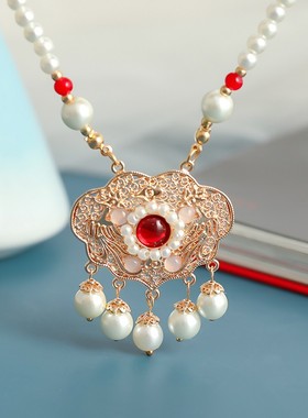 儿童珍珠项链古风蓝色如意锁日常