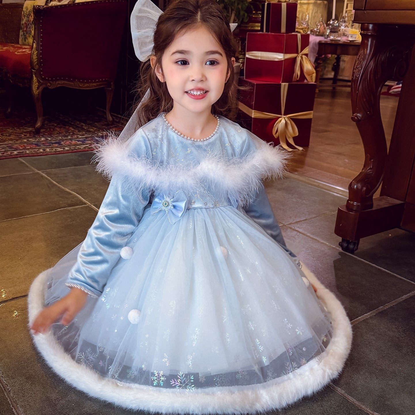 女童公主连衣裙冬装2025新款韩版加绒蓝色生日礼服裙小女孩蓬蓬裙,淘宝优惠券,粉丝福利购,淘宝优惠卷