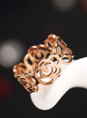 茶花戒指女潮18k玫瑰金chic掉色