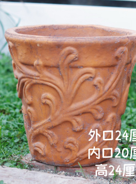 小花农花 手压粗陶红陶立体浮雕复古花盆 25口径