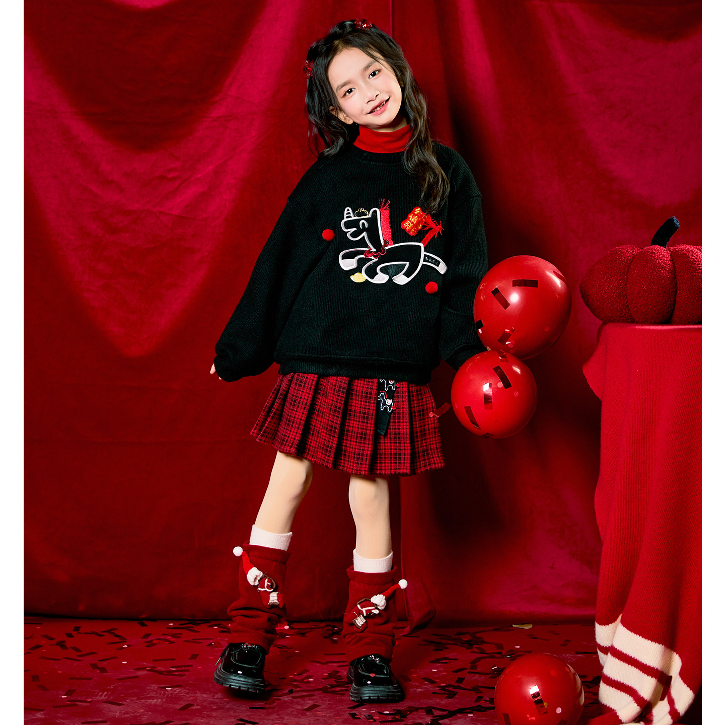 女童冬装百褶半身裙拜年裙子2026新款新年衣服儿童洋气红色格子裙,淘宝优惠券,粉丝福利购,淘宝优惠卷