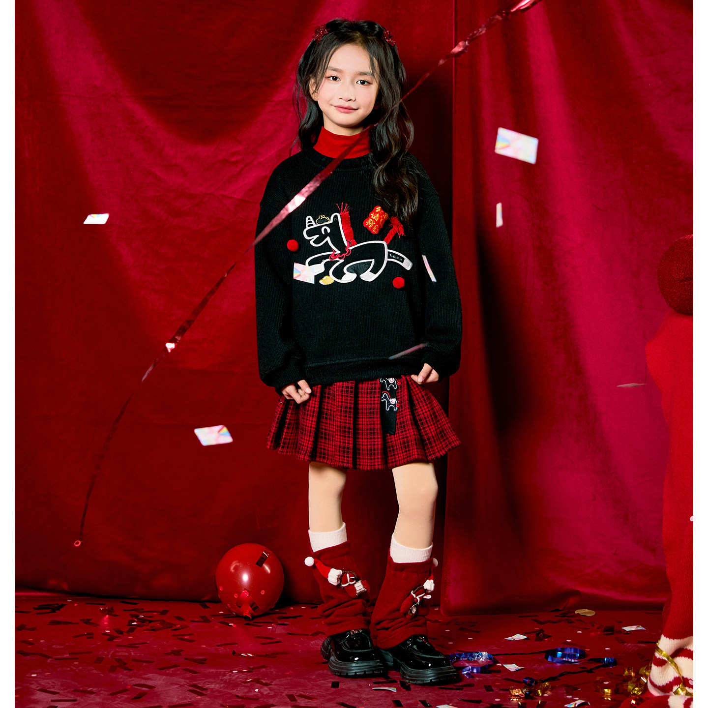 女童冬装百褶半身裙拜年裙子2026新款新年衣服儿童洋气红色格子裙,淘宝优惠券,粉丝福利购,淘宝优惠卷