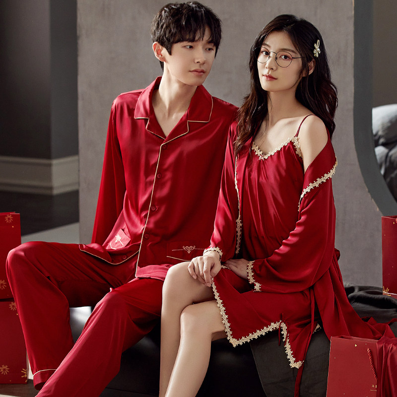 结婚情侣套装红色冰丝绸男款睡衣 南极人曼伴睡衣/家居服套装
