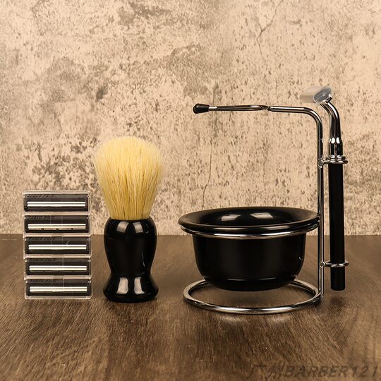 Old-fashioned razor for beard shaving and foam beating for men