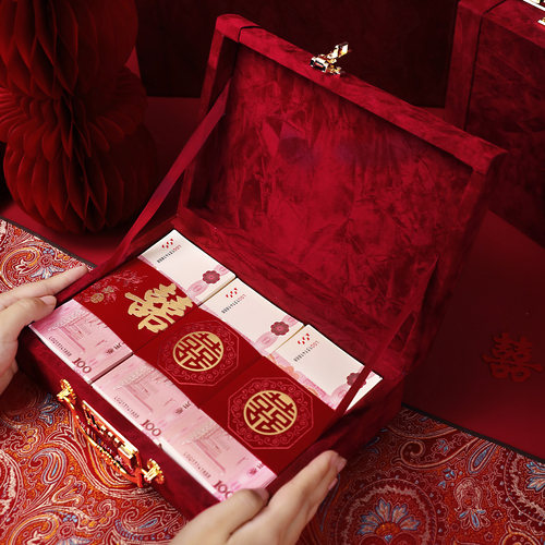 订婚彩礼钱现金礼盒子结婚高档木质绒面礼金盒礼金箱提亲下聘礼盒 - 图1