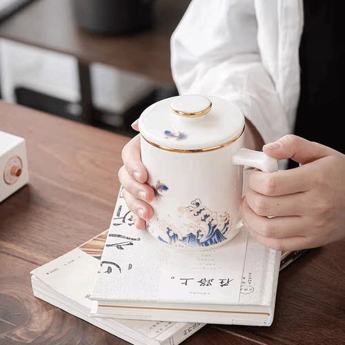 羊脂玉茶杯茶水分离陶瓷办公室带盖泡茶过滤男女专用杯子定制logo - 图1