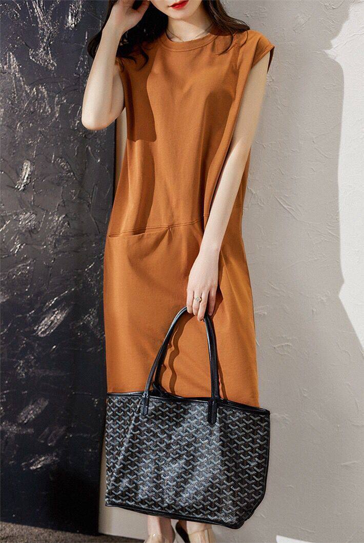 夏季新款短袖女装流行款宽松显瘦纯色无袖T恤连衣裙中长款仙女裙
