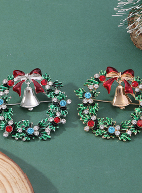 厂家直销圣诞节铃铛花环项链胸针耳环手链套装镶钻精美礼品组合