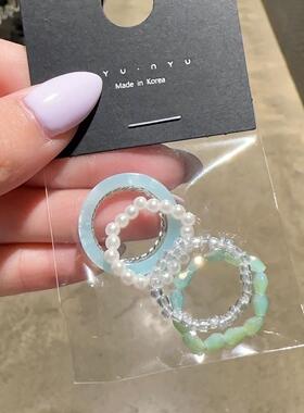 0825韩国东大门代购戒指nyunyu醋酸素圈珍珠水晶戒指套装叠戴彩色