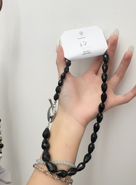 0904韩国东大门代购AB.AO渐变大小ot扣串珠项链复古黑玛瑙锁骨链