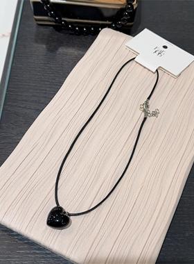 0918韩国东大门代购earlobe项链黑色爱心吊坠黑绳甜酷风时尚百搭