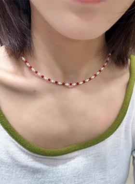 0108韩国东大门代购MOMO 纯银红色珍珠项链s925红白串珠轻奢高级