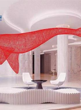 镂空海豚鲸鱼网格编织雕塑酒店展厅海洋动物不锈钢悬吊装饰品