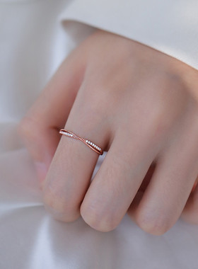 日系coss kokos925银线条戒指日系简约交叉指环气质排钻食指戒