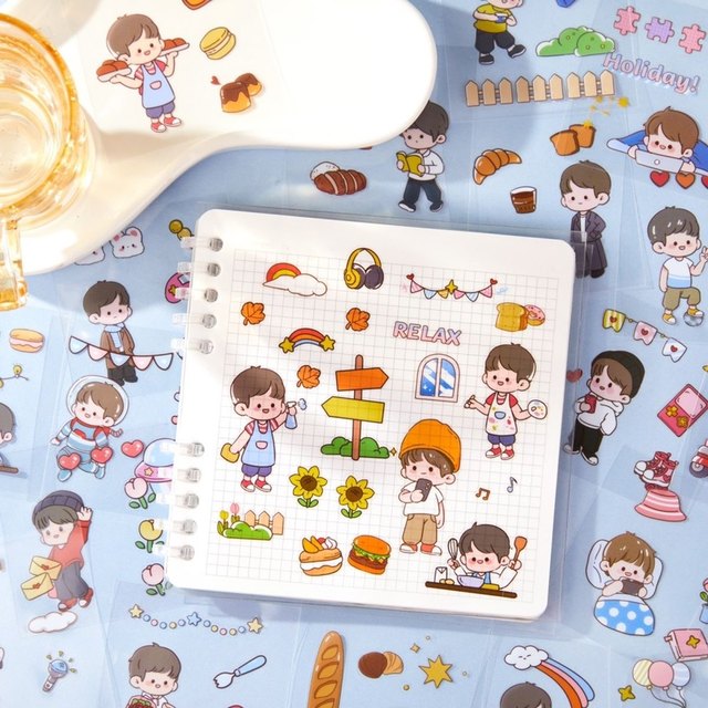 100 pieces of sunshine boy notebook sticker set cute cartoon notebook material decorative small pattern PET waterproof
