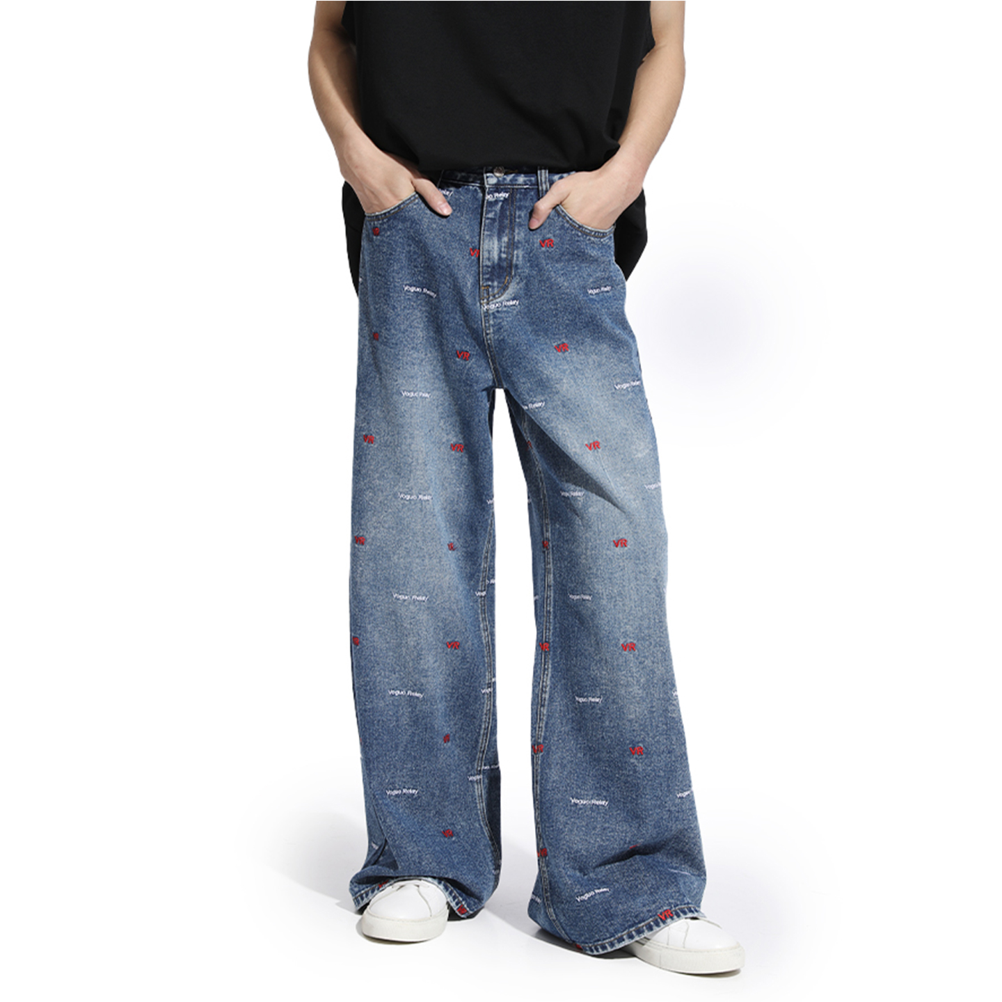 Voguo Relay 原创logo字母满刺绣宽松直筒拖地阔腿裤浅蓝色牛仔裤