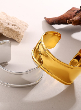 熹薇森林欧美新款复古风光面不规则开口手镯不锈钢简约气质感