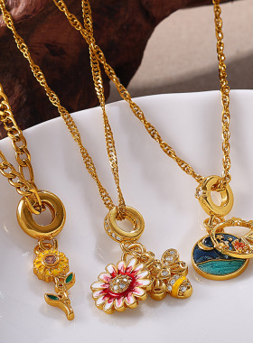 熹薇森林新款海边度假风DIY海龟海星吊坠项链镀18K金镶钻轻奢