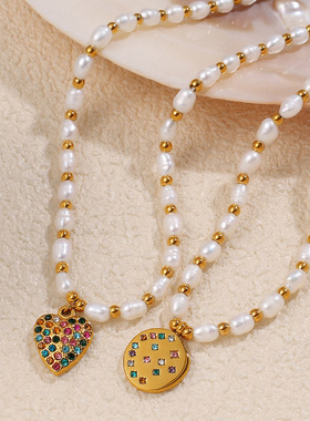 熹薇森林新款法式复古风ins淡水珍珠项链不锈钢镀18K金贝壳镶钻