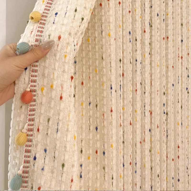 法式奶油彩色多巴胺彩虹豆豆儿童房窗帘客厅花边毛球毛绒布丁糖豆,淘宝优惠券,粉丝福利购,淘宝优惠卷