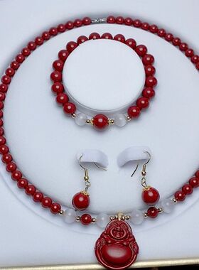 纯天然朱砂三件套弥勒佛吊坠套装项链高含量紫金砂锁骨链手串安神