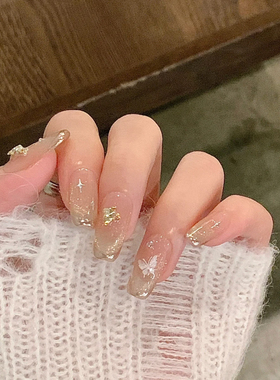 香槟色蝴蝶法式猫眼纯手工穿戴甲