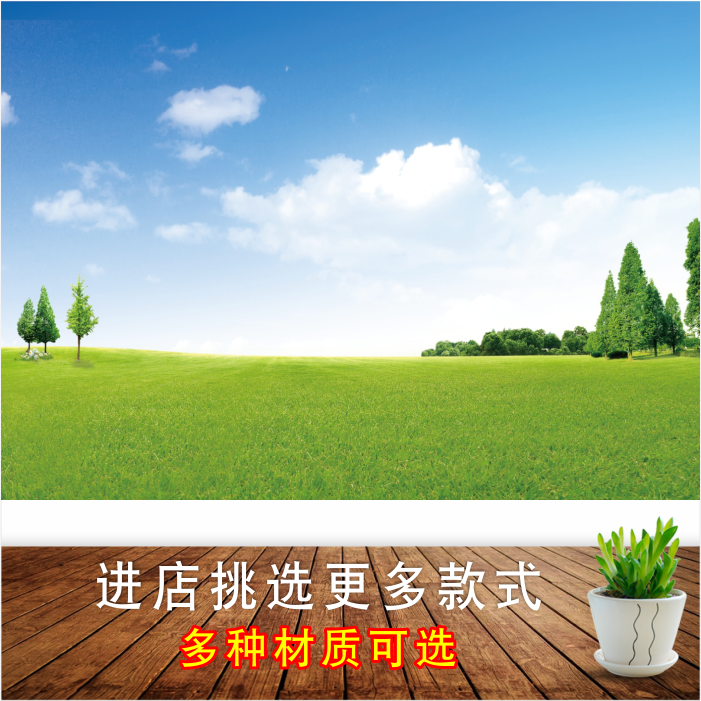大草原墙贴画绿色草地风景画蓝天白云自然景色海报壁画宿舍壁纸